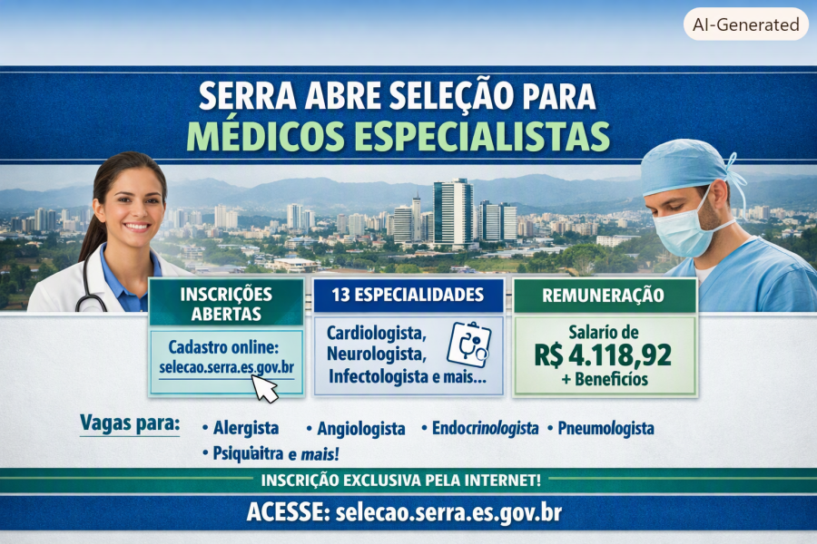 SERRA - ES : SAÚDE ABRE PROCESSO SELETIVO PARA 13 ESPECIALIDADES MÉDICAS