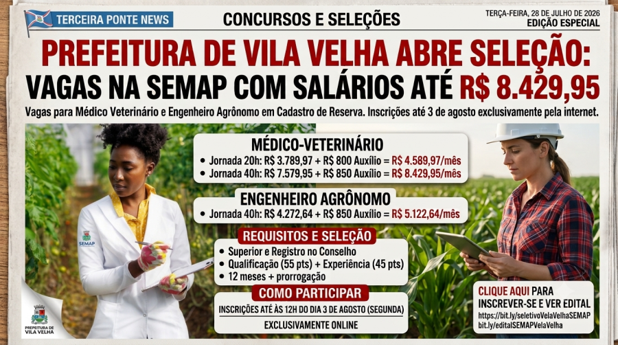 Vila Velha: Inscrição de processo seletivo para agrônomo e veterinário vai até 3 de agosto